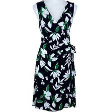 A New Day Dress M Black Floral Half Wrap Sleeveless Stretch Partially Lined