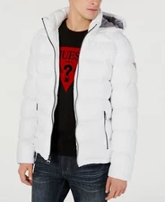 $225 Guess Men White Hooded Puffer Water/Wind-Resistant Bomber Top Jacket Coat S