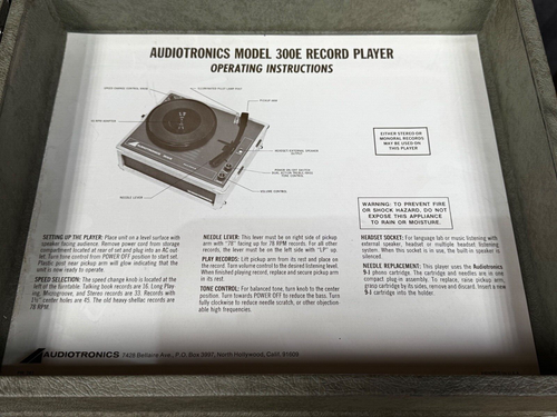 Audiotronics 300e Vintage Portable Turntable plays 33 45 78 See Video - Picture 4 of 8