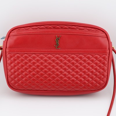 YSL Laurent Victoire Camera Shoulder Bag Red Lambskin Leather Silk 648990