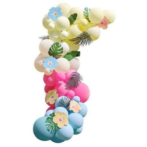 Hawaiian Tiki Balloon Arch with Tropical Flowers and Foliage - Birthday Party - Picture 2 of 3
