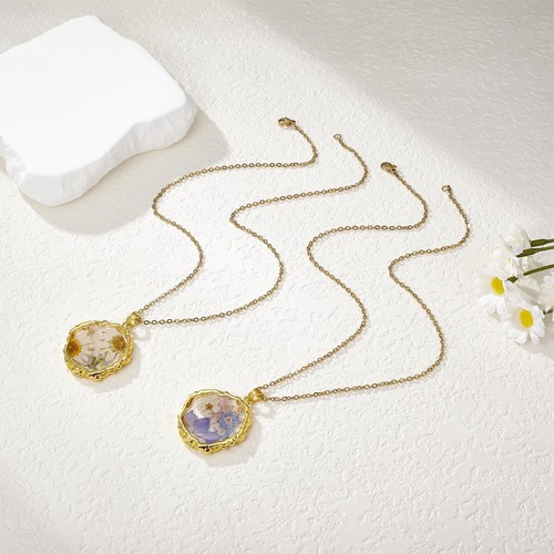 Pressed Flower Necklace Dried Flower Necklace for Women Pressed Flower, Yellow - Picture 3 of 5