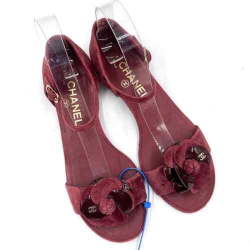 Chanel Camellia CC Flat Sandals Ankle Strap Burgundy Suede Sz 36 EU / 6 US