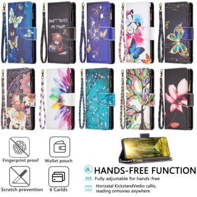 For iPhone 15 14 13 12 11 Pro Max Leather Zipper Pattern Stand Wallet Case Cover