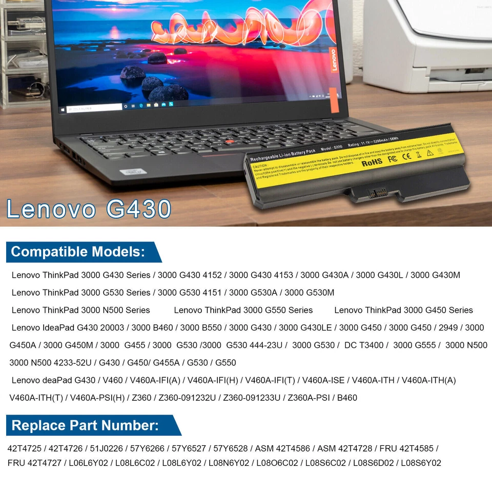 Batería de 6 celdas para Lenovo 3000 G430 G450 G530 G550 N500 L08N6Y02 42T4729 42T4730 Foto 2 de 4