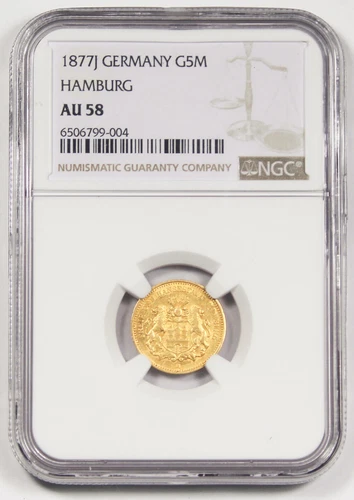 Germany Free City Hamburg 1877 J 5 Mark Gold Coin NGC AU58 AU+ German States