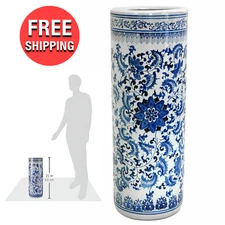 24" Blue & White Extra Tall Waterproof Porcelain Entry Hallway Umbrella Stand