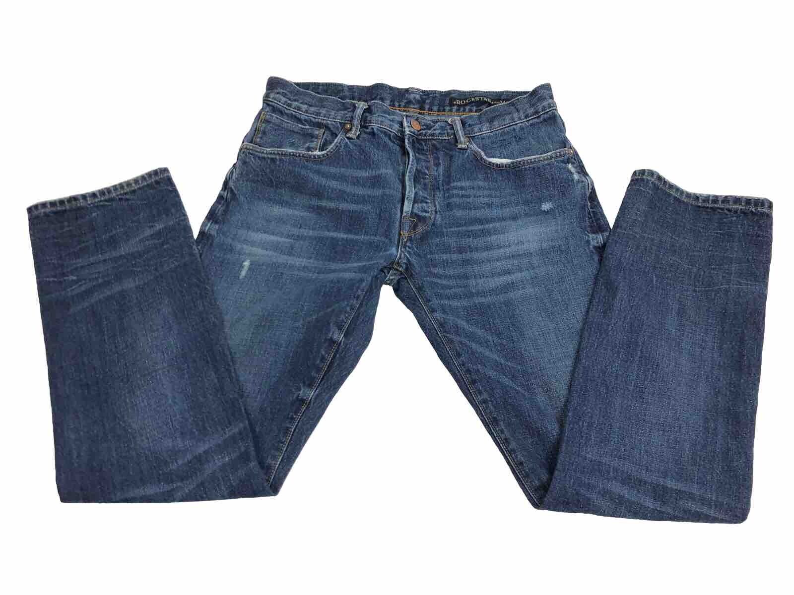 Rockstar Men's Jeans Size 34x32 Denim Blue Cotton Distressed Button Fly