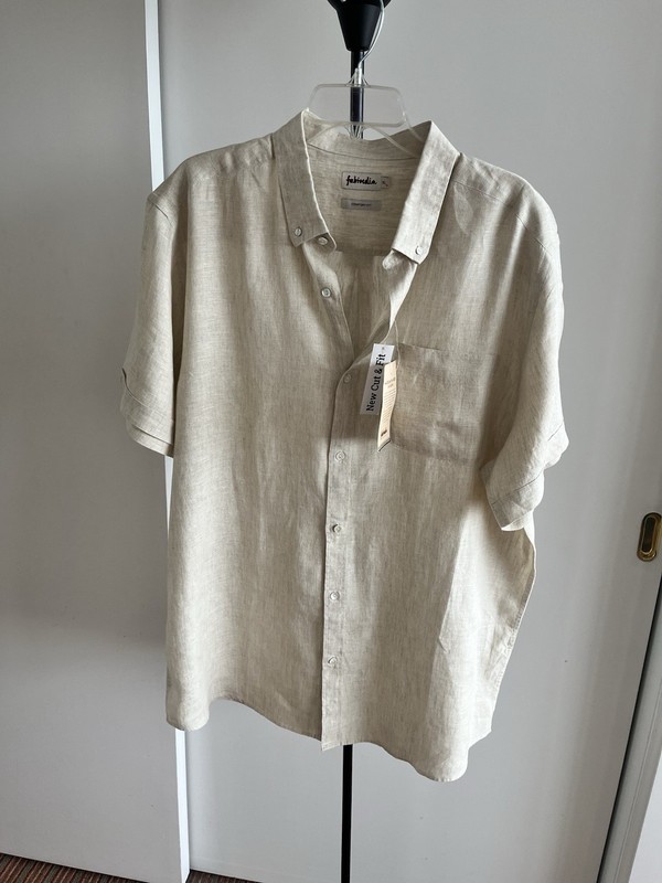NWT Fabindia Beige Natural 100% Linen Men's Button Down Shirt Short Sleeve M / L