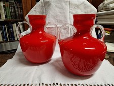 Coppia Vasi Vetro Incamiciato Rosso Bianco  Murano XX Sec. h. cm. 26 V5 ^