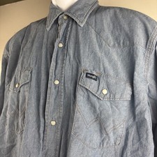 WRANGLER Denim Western Pearl Snap Shirt Mens XL Blue USA Made Cowboy Rodeo Ranch