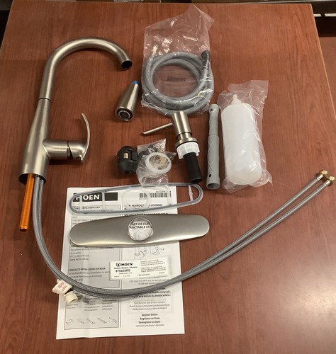 NEW Moen 87932SRS Reyes Pulldown Kitchen Faucet Stainless W/Soap Dispenser B63