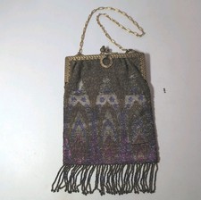 Antique French Evening Bag Art Deco Micro Beaded Purse w/Fringe  Metal Clutch