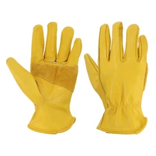 Leather Work Gloves, Adjustable Cowhide Working Gloves, Yellow-XL, Pair of 2