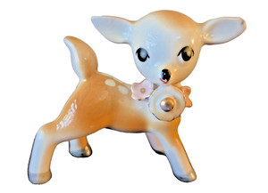 VINTAGE FAWN DEER FIGURINE, PORCELAIN, JAPAN - BELL, PINK FLOWERS, 1950s MCM