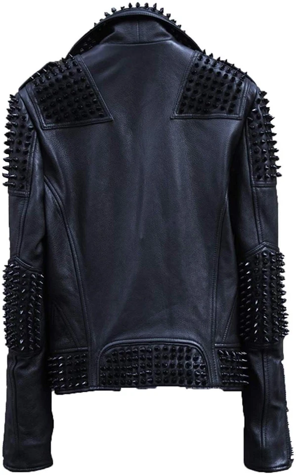 Men’s Custom Black Studded Leather Biker Jacket – Extreme Spiked Punk Rock Moto - Image 2 of 4