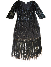 Unique Vintage L 10-12 Black Sequin Beaded Fringe Flapper Dress with Headband