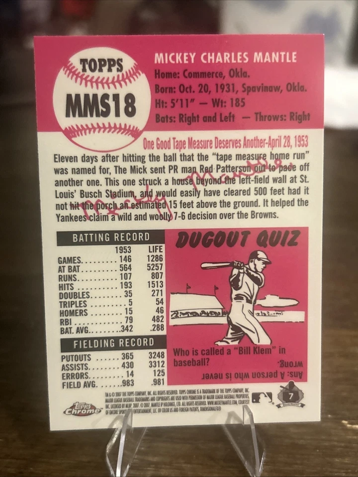 2007 Topps Chrome - The Mickey Mantle Story Mickey Mantle #MMS18 NM/EX Ungraded - Image 2 of 2