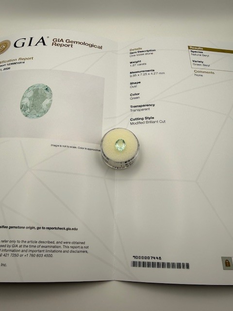 GIA Certified Green Beryl, 1.87cts, Oval, Transparent, VS