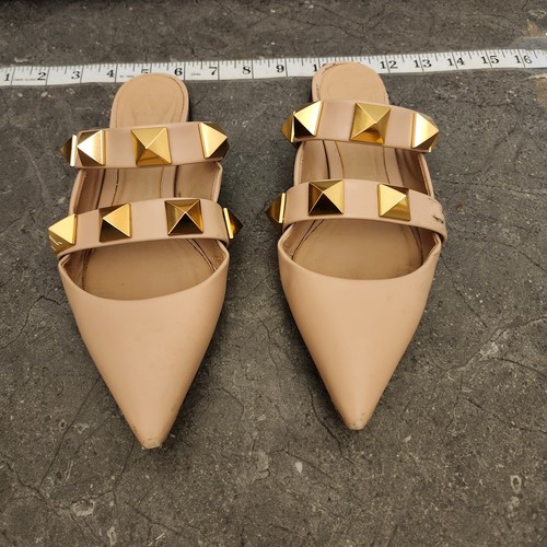 Valentino Garavani Roman Stud Flat Mules Women's 36.5 Beige Pointed Sandals
