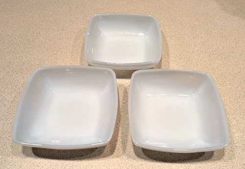 3 Vintage Fire King Charm Azur-ite Blue Soup Dish Bowl 6” Square 1 5/8" Tall EUC