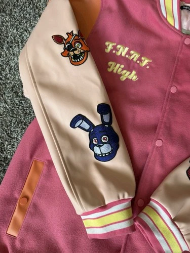 THEORYWEAR MENS FNAF Varsity Fleece Jacket XL Pink Embroidered Patch Pockets image 4