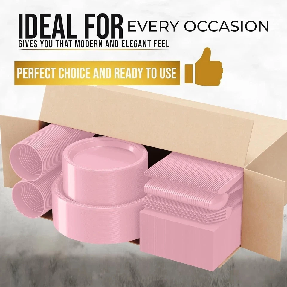 Juego de vajilla de fiesta de plástico rosa 350 piezas para 50 invitados, platos desechables, tazas Foto 4 de 4