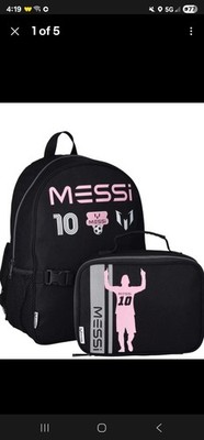 Messi Kids 16'' Backpack with Lunch Box Black Work School Supplies Pack Books New