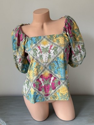 Loft sz XS Palm Bubble Sleeve Square Neck Top Blouse Macaw Parrot Sun Pineapple