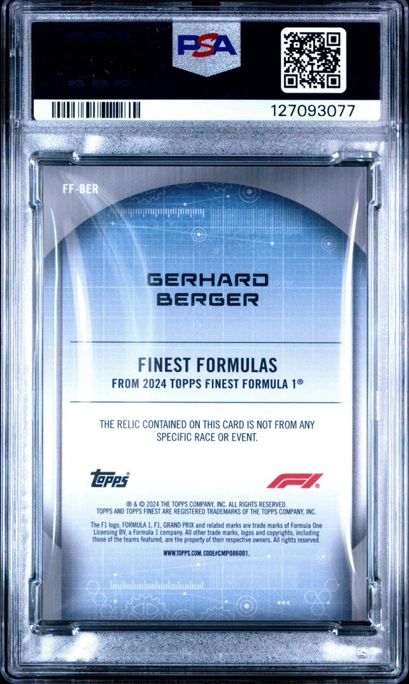 2024 TOPPS FINEST FORMULA 1 GERHARD BERGER FORMULAS BLACK PATCH /10 PSA 10 POP 1 - Image 2 of 3