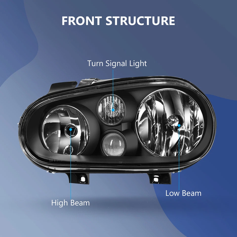 Headlights Assembly For Volkswagen Golf Cabrio 1999-2006 Black Halogen Lamp Pair - Изображение 2 из 4