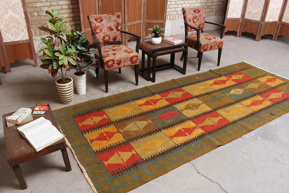 Alfombra geométrica de lana Kilim hecha a mano plana descolorida vintage 4x11 nudo a mano Foto 4 de 4