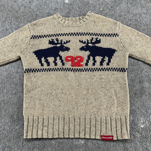 VINTAGE Abercrombie Sweater Boys M Beige Pullover Wool Tight Knit Moose 92 90s - Picture 3 of 9