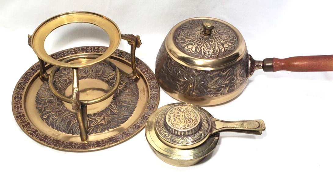 Vintage Brass Korean Fondue Set 6 Piece Floral Pattern