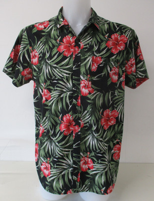 Hawaiihemd, Kurzarm, Tropical Flower, schwarz rot grün, L, Large