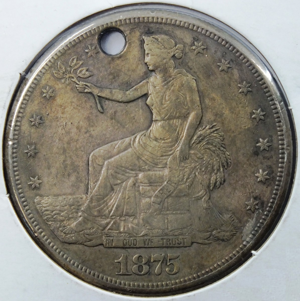 米国　1875年 TRADE DOLLAR 1875-S United States Silver Trade Dollar - Hole in Coin - Toning