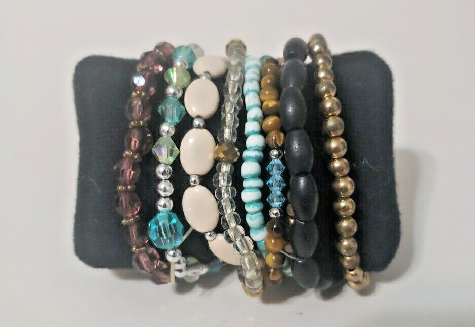 Mixed Materials Beaded Stretch Bracelets Lot Of 9 - image 1