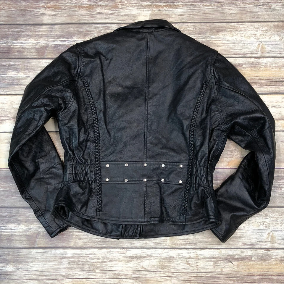 Chaqueta de motocicleta vintage X Element mediana negra de cuero con cremallera asimétrica EE. UU. Foto 3 de 4