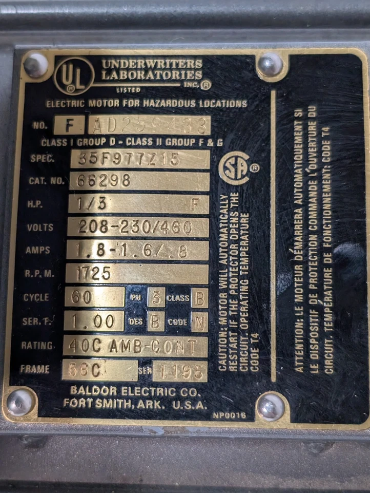 Baldor 66298 Hazardous Locations Electric Motor, 1/3hp, 1725rpm, 56C, 35F977Z15 - Image 4 of 4