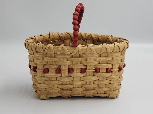 Unique Vintage Handmade Woven Wicker Basket With Wood Bead Handle 6x6 Boho Decor