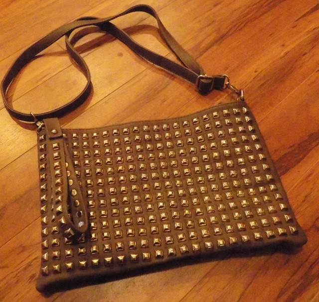 MMS tan with GOLD STUDS large SHOULDER BAG PURSE Zipper Closure eBay