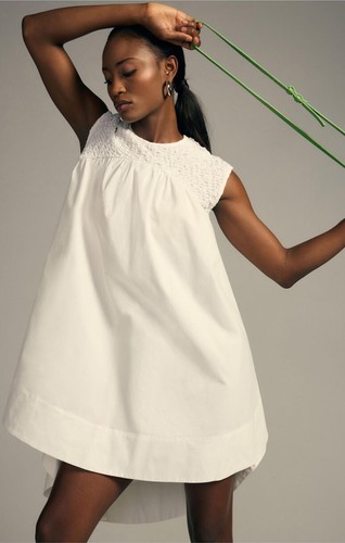 NWT Anthropologie Brand Blue Tassel Smocked High-Low Babydoll Dress In White S - 第 1/5 張圖片