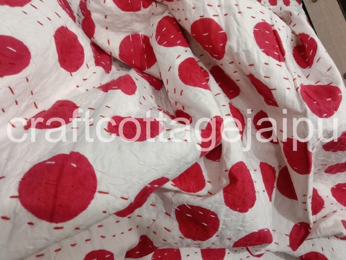 Copriletto matrimoniale rosso a pois Kantha stampa blocco fatto a mano trapuntato cotone - Foto 13 di 14