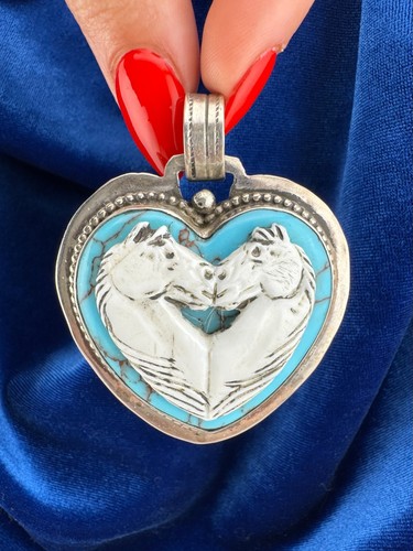 Vintage Francisco Gomez Silver Turquoise & Shell Kissing Horse Heart Pendant