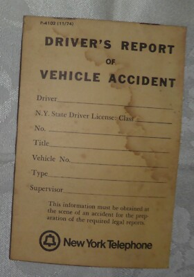 Vintage New York Telephone Driver Report of Vehicle Accident