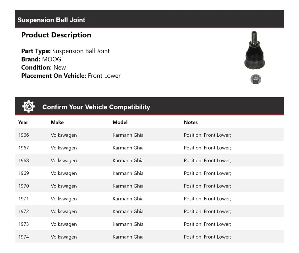 Rótula de suspensión delantera inferior MOOG para Volkswagen Karmann Ghia 1966-1974 Foto 2 de 4