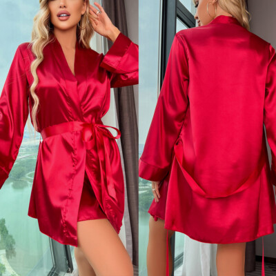 Women Sexy Silk Robe Slip Dress Sets Teddy Babydoll Lingerie Nightgown Sleepwear