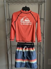 Quiksilver Boys Size 5 Orange Long Sleeve Rash Guard  Striped Board Shorts