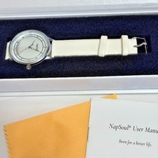 NapSoul NS0631 Silver Tone Watch White Leather Strap Mother of Pearl