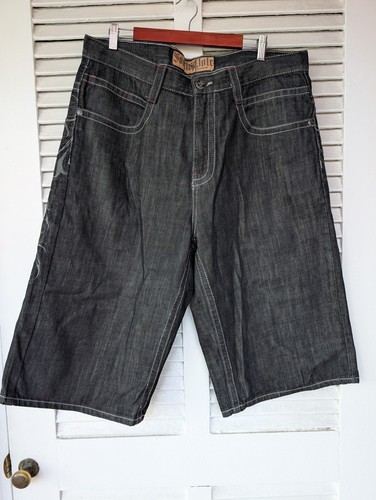VTG Rare Y2K SouthPole Mens Long Denim Baggy Shorts-Streetwear-Black/Grey-Sz 38 - Picture 2 of 9